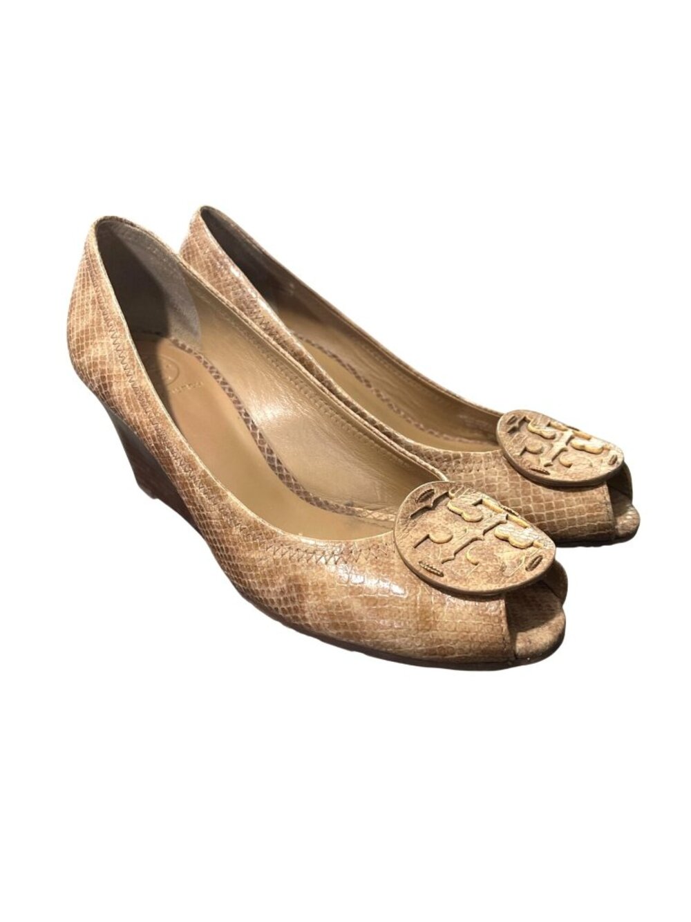 Tory Burch Womens Size 9 Peep Toe Wedge Snake Embossed Leather Tan